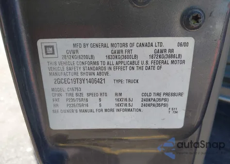 2000 Chevrolet Silverado 1500 Ls from USA, damaged, VIN 2GCEC19T3Y1406421